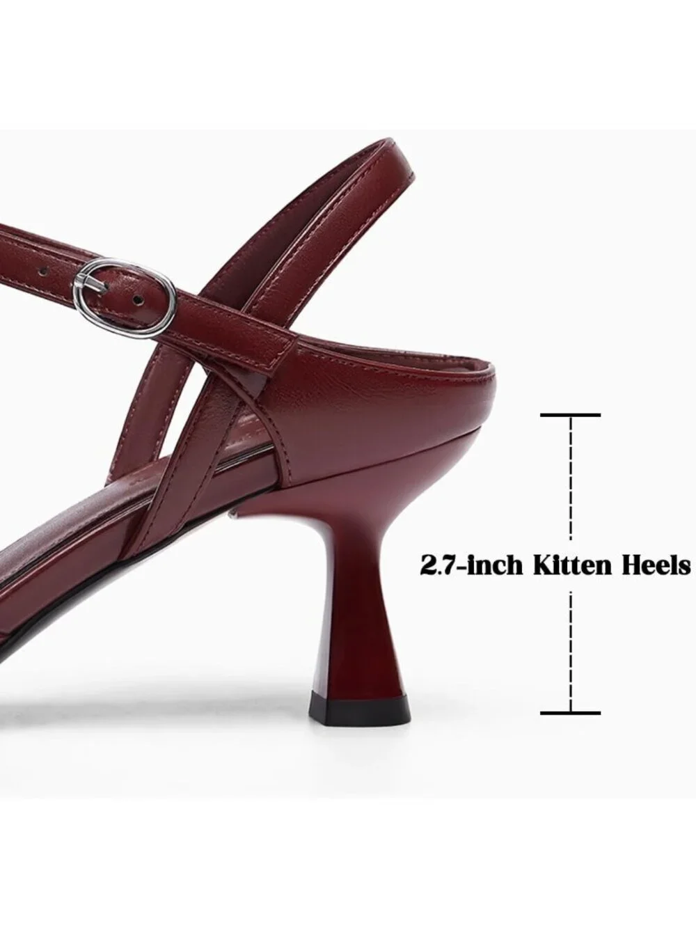 Women's Burgundy Kitten Heels Closed Pointed Toe Pumps Adjustable Strap Shoes
